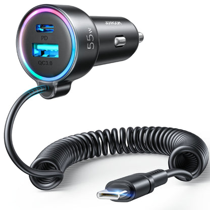 JOYROOM 3-in-1 car charger with USB-C PD and QC ports, black body and coiled cable