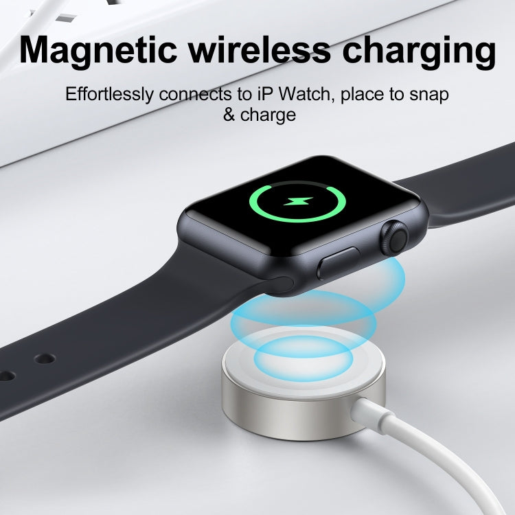 Magnetic charging cable snaps to a smartwatch with a round charging base