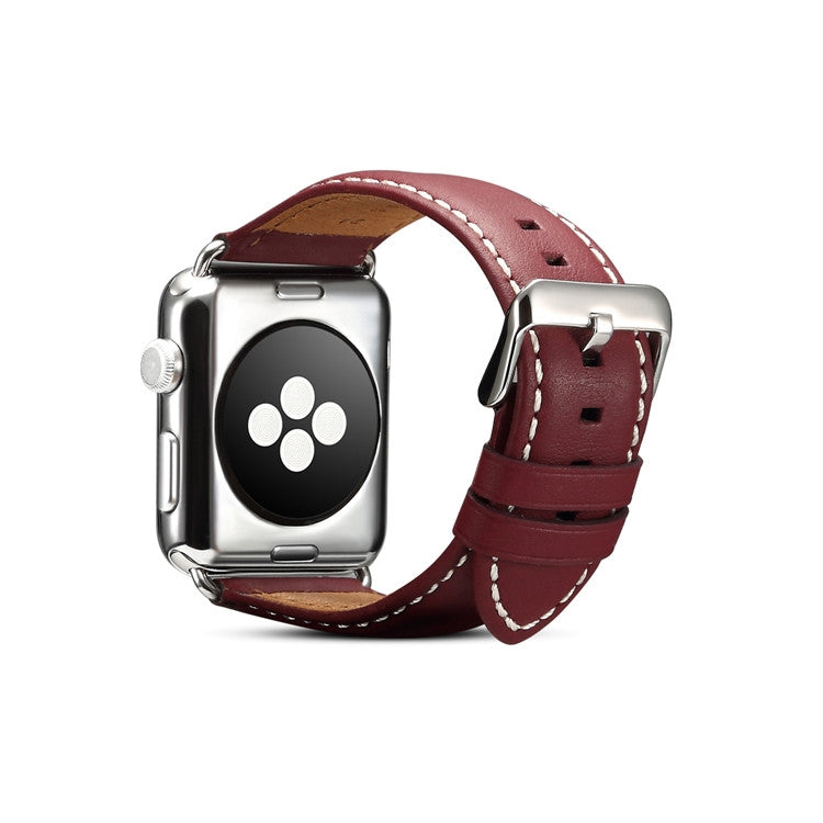 Red-brown leather watchband with silver-tone clasp, stitched strap and underside cutouts