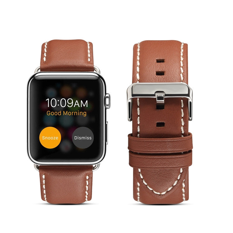 Genuine leather watchband in light brown with stitched edges and metal buckle clasp