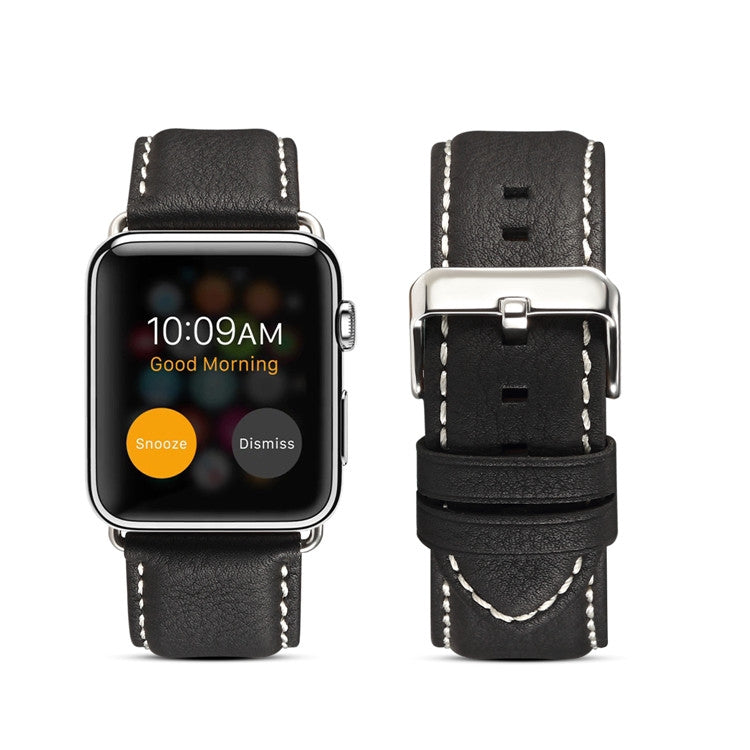 Black genuine leather watchband with stitched trim and silver-tone metal buckle clasp