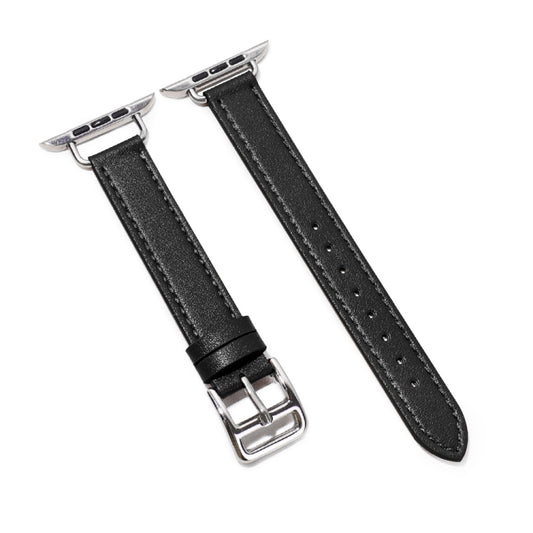 14mm cowhide leather watch band in black, silver buckle, pin-hole strap