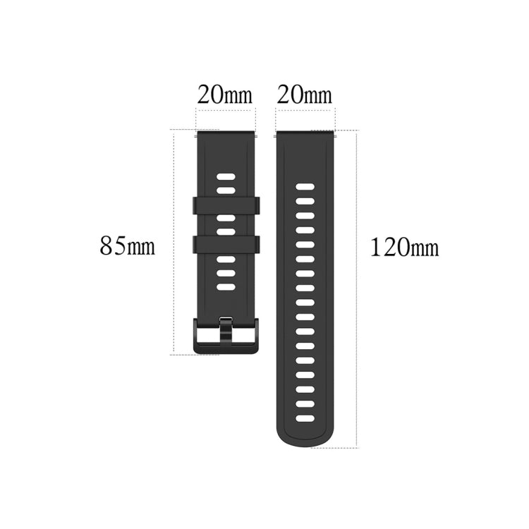 Black silicone watch strap sizing diagram: 20mm width, 85mm/120mm lengths