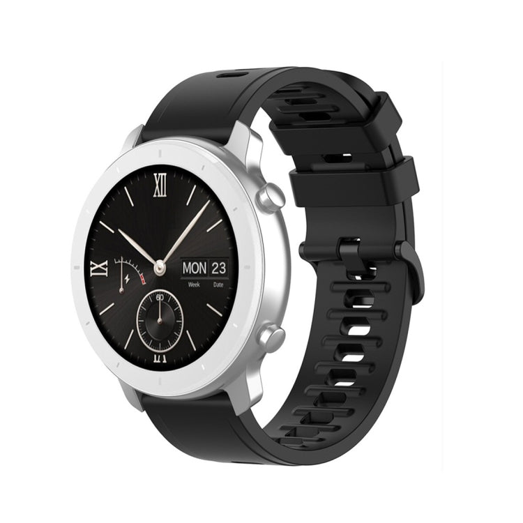 Black silicone smartwatch replacement strap with adjustable buckle and vented holes