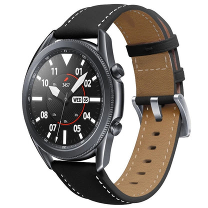 Leather watchband with dark blue leather strap and perforations, metal buckle clasp