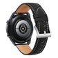 Leather watchband with black perforated strap, stitched edges, metal buckle