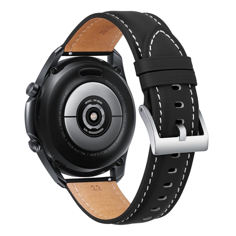 Leather watchband with black perforated strap, stitched edges, metal buckle