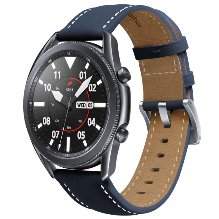 Leather watchband with dark blue leather strap, perforated holes, stitched edges, metal buckle