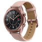 Leather watchband with light pink leather strap and perforations, stitched edges, metal buckle
