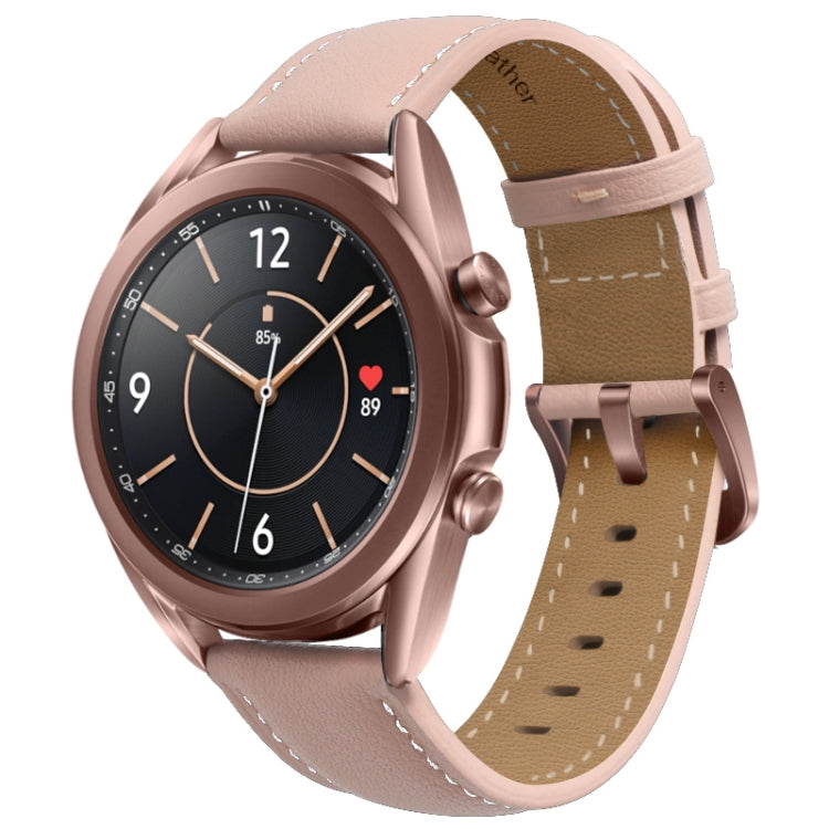Leather watchband with light pink leather strap and perforations, stitched edges, metal buckle