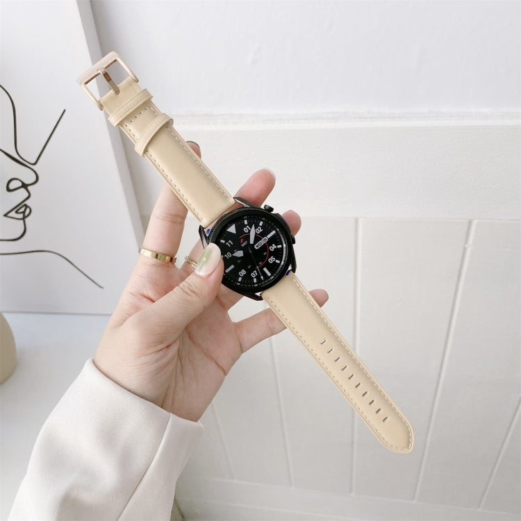 Leather watchband with beige leather strap, perforated holes, stitched edges, metal buckle