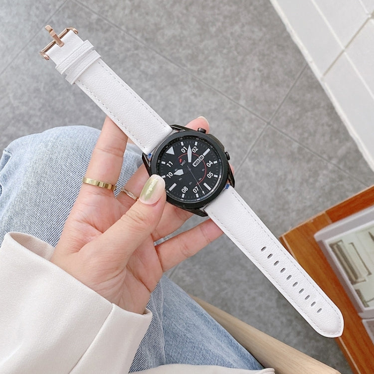Leather watchband with white leather strap and perforations, stitched edges, metal buckle