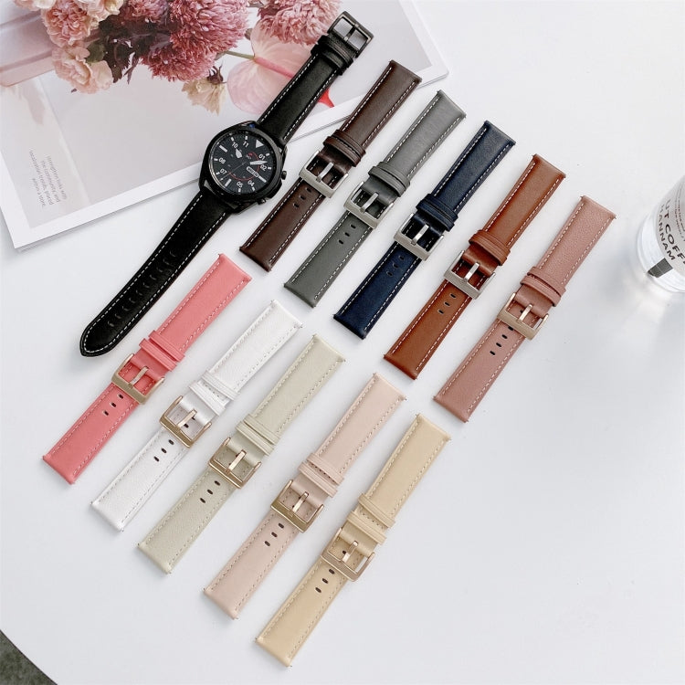 Assorted leather watch straps with metal buckles in multiple colors, laid out in a grid.