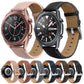 Leather smartwatch straps in assorted colors with round watch faces, shown together in view.
