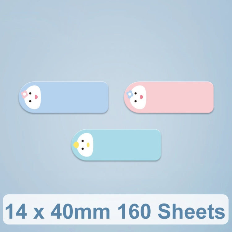 Thermal label paper sheets with cute character face icons and blank labels in pastel blue and pink