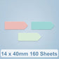 Thermal label paper sheets with arrow-shaped blank labels in pink, teal, and green