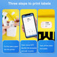 Thermal label paper printing steps shown with blank labels, label printer, and smartphone