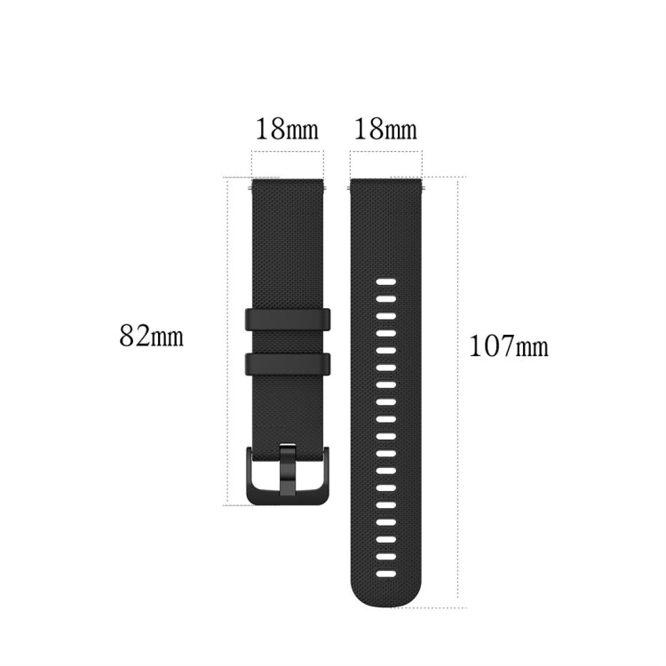 Black silicone watch strap sizing diagram with 18mm width and length measurements