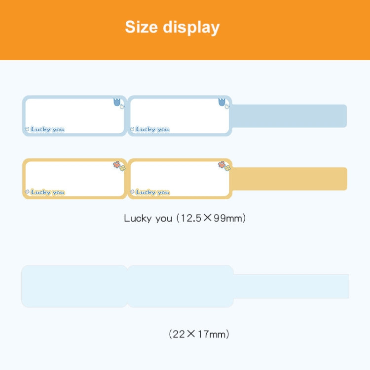 Assorted thermal label sticker sizes shown as blank rectangular templates in blue and yellow