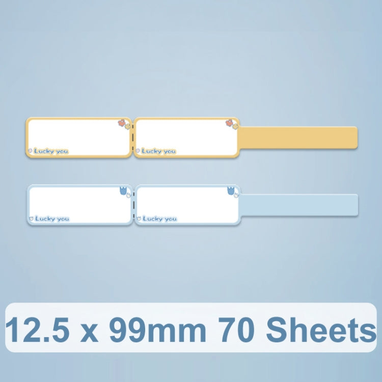 Data cable sort stickers with “Lucky you” tags; yellow and light blue label strips.