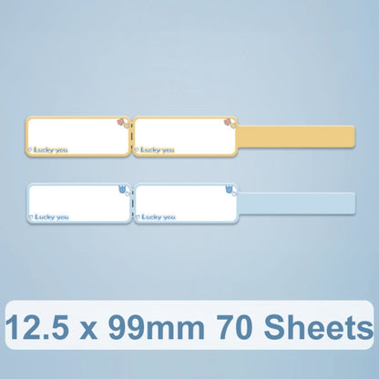 Data cable sort stickers with “Lucky you” tags; yellow and light blue label strips.