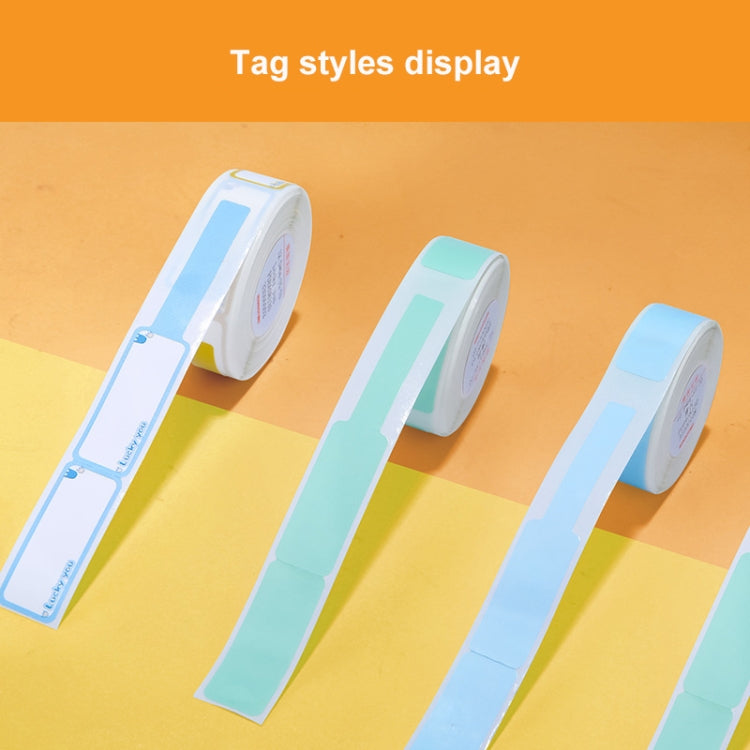 Tag style display showing blue and mint data cable sort sticker rolls and label strips.