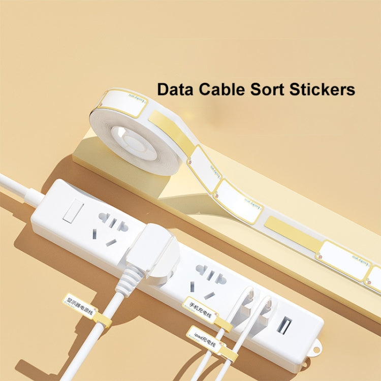 White data cable sort sticker rolls with long label strips and printed tag examples.