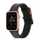 Black matte leather watch band with red stitching and red accent keeper
