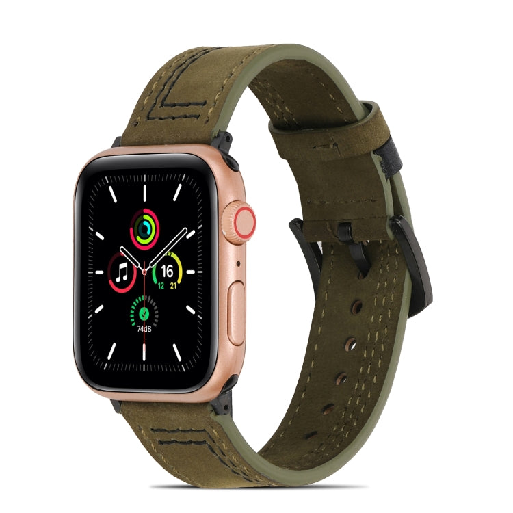 Army green matte leather watch band with dark buckle and perforations