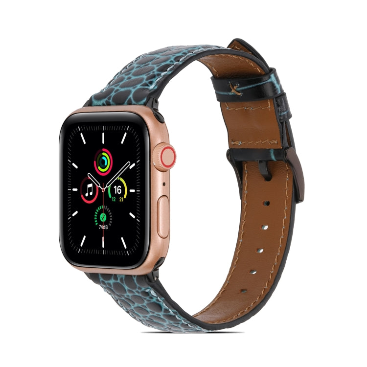 Crocodile-texture leather watch band, teal with buckle and brown underside