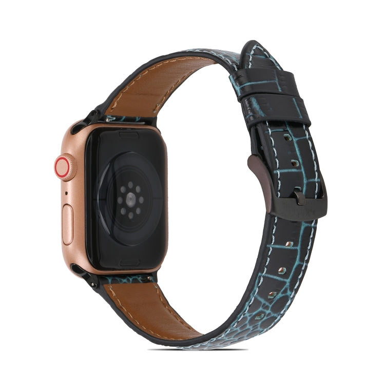 Crocodile-texture leather watch band, teal with stitched edges and brown interior