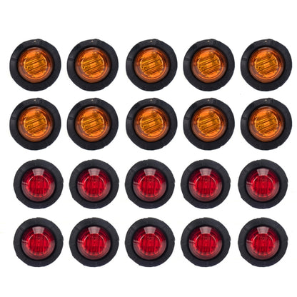 Round LED side marker lamp set with amber and red lenses, black housings, multiple pack