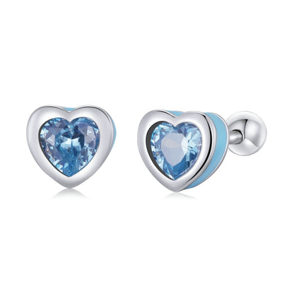 S925 heart zircon stud earrings with a blue heart CZ in a silver setting