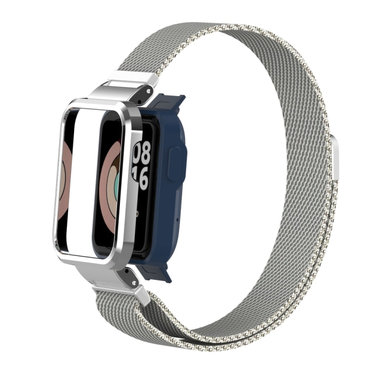 Silver-toned mesh magnetic metal watchband with blue watch backing
