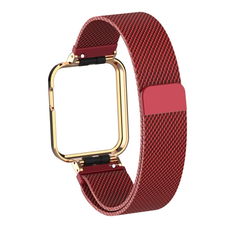 Burgundy milanese magnetic metal watch band with gold-toned frame and clasp