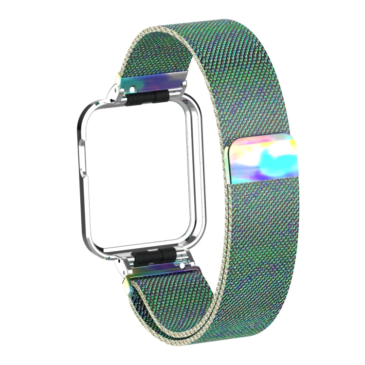 Green milanese magnetic metal watch band with silver frame and iridescent clip