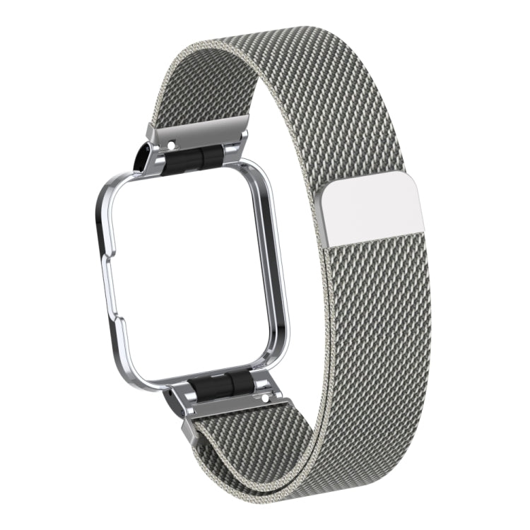 Gray milanese magnetic metal watch band with silver frame and clasp