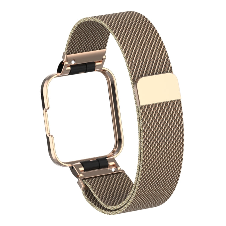 Brown milanese magnetic metal watch band with rose-gold frame and clasp