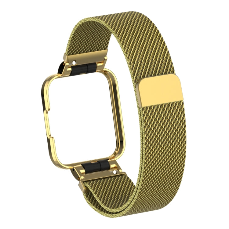 Olive gold milanese magnetic metal watch band with gold-toned frame and clasp
