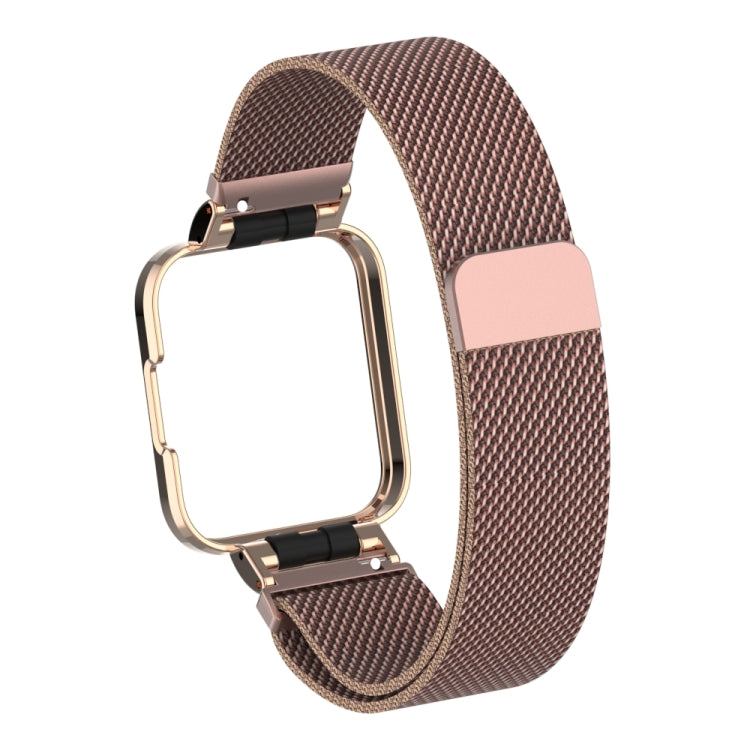 Rose pink milanese magnetic metal watch band with rose-gold frame and clasp