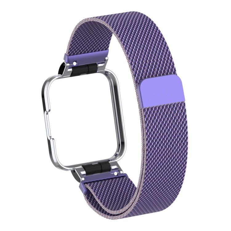 Purple milanese magnetic metal watch band with silver frame and clasp