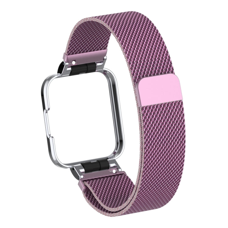 Purple milanese magnetic metal watch band with silver frame and pink accent clasp