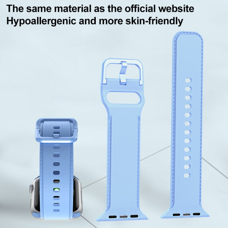 Light blue silicone watch band strap with adjustable holes and clasp for Apple Watch.