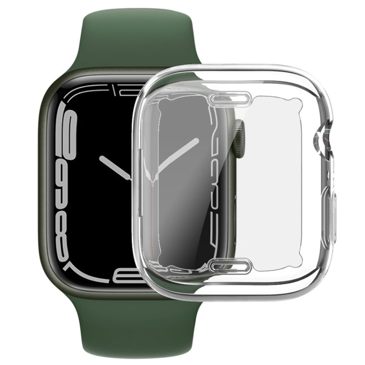 Transparent TPU protective smartwatch case on a green strap, showing full front bumper coverage.