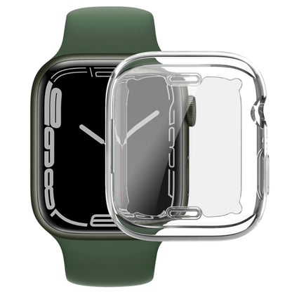 Transparent TPU protective smartwatch case on a green strap, showing full front bumper coverage.