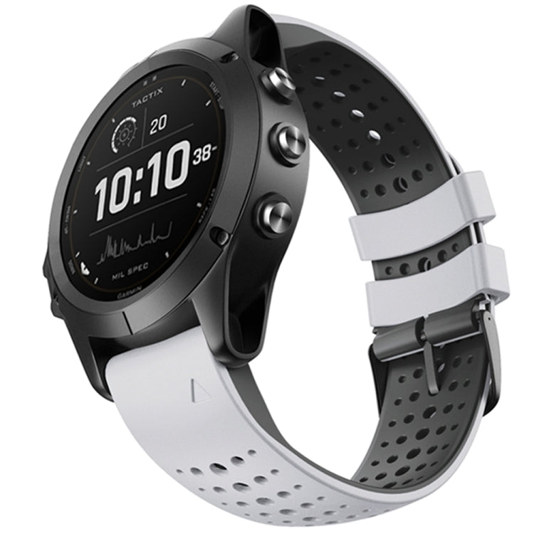 Two-color silicone quick-release watchband with black perforated strap and light-gray buckle