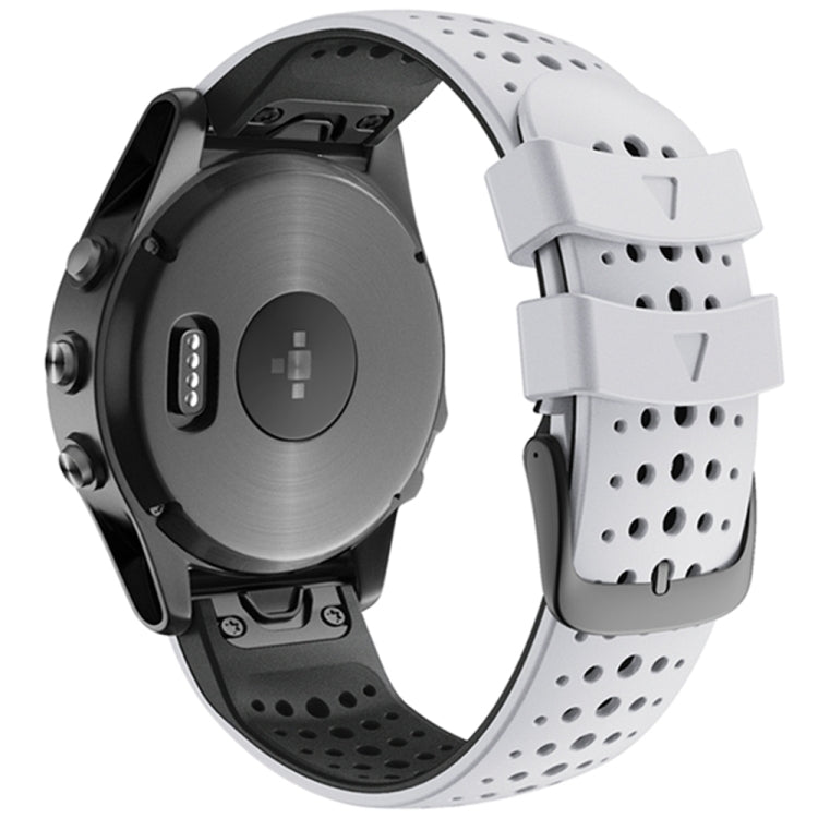 Two-color silicone quick-release watchband with white perforated strap and brushed-metal watch back