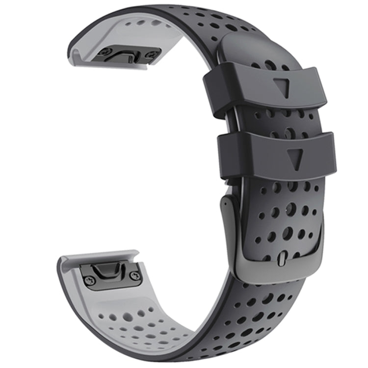 Two-color silicone quick-release watchband with light-gray perforated strap and dark-gray buckle