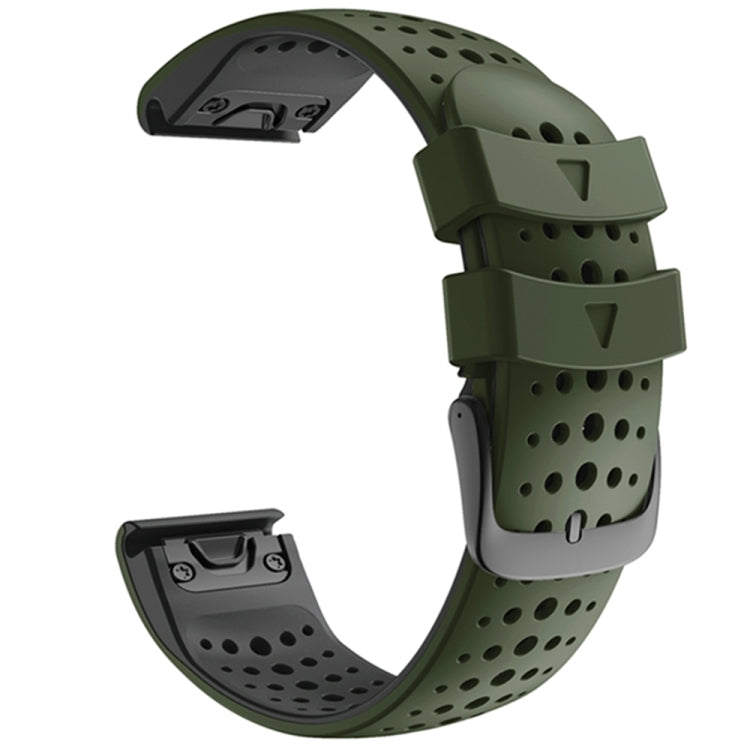 Two-color silicone quick-release watchband with dark green perforated strap and matching clasp
