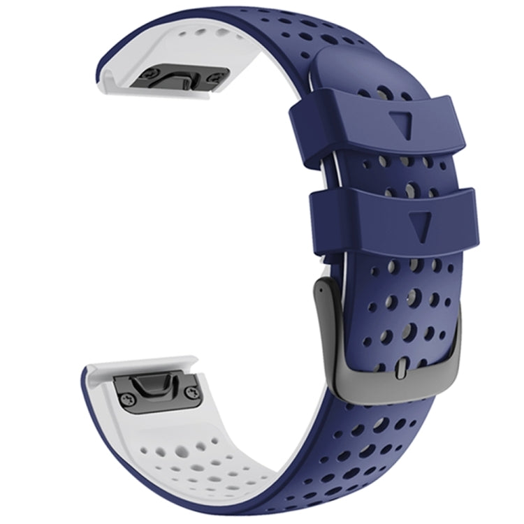 Two-color silicone quick-release watchband with navy perforated strap and light-gray buckle